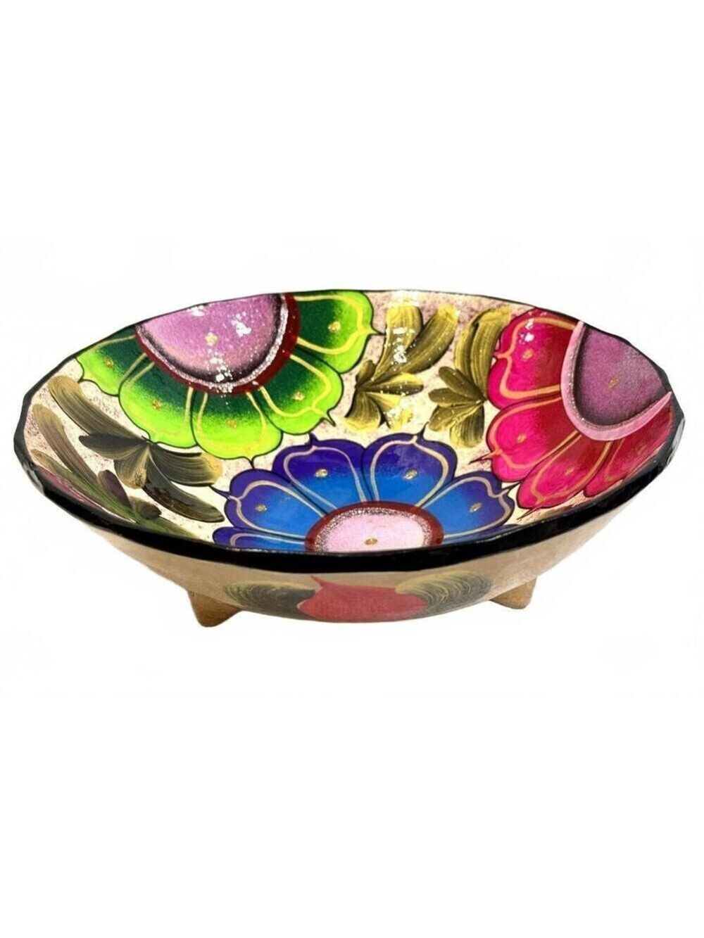 Vintage Hand-Painted Floral Clay Footed Bowl - Mexican Tonalá Colorful Folk Art